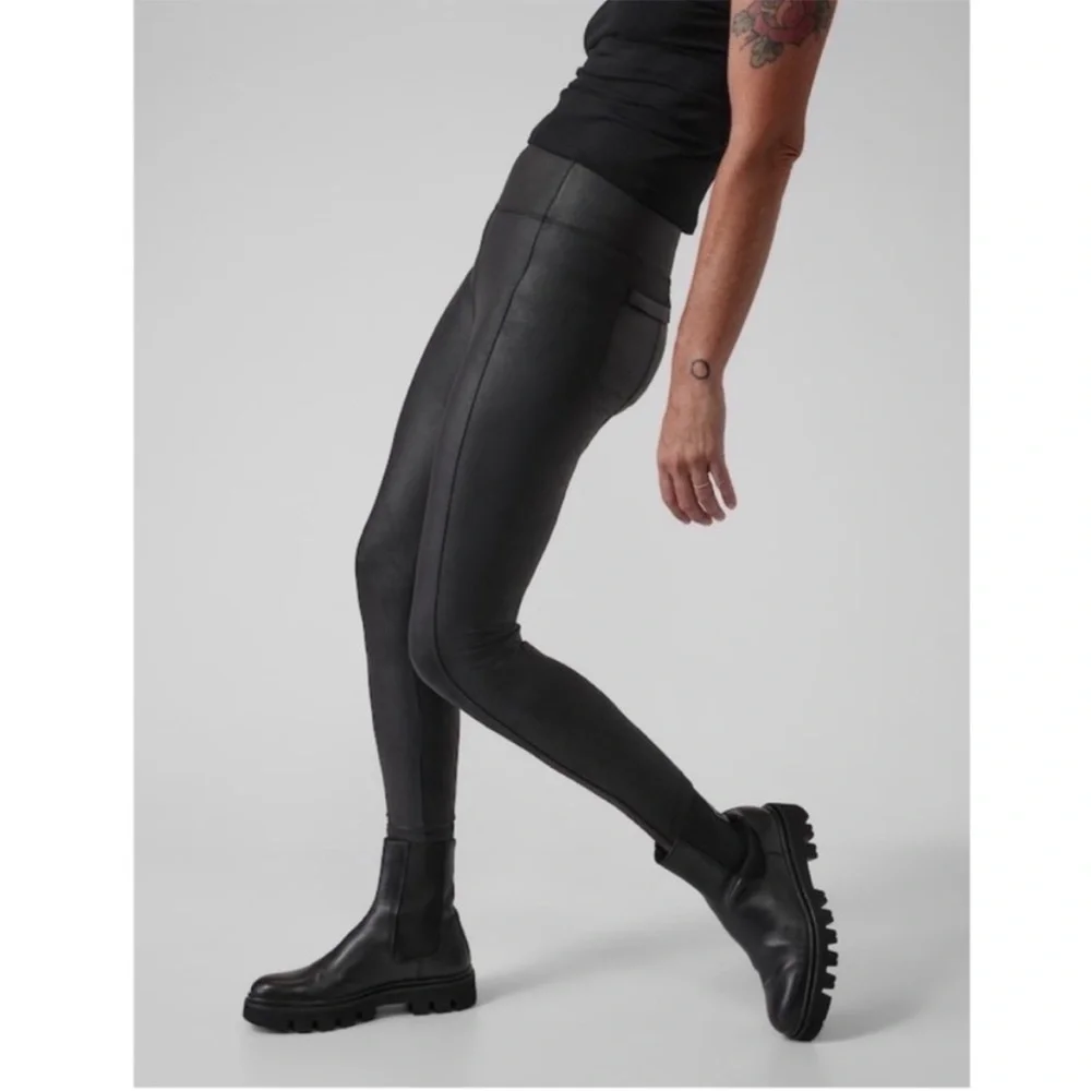 Athleta Delancey Gleam Tight‎ Leggings Black Medium Faux Leather Pockets M